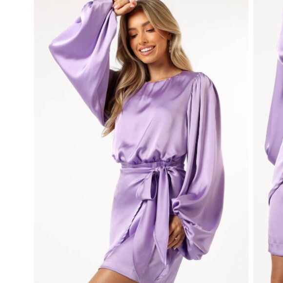 NWT - Opal Tie Waist Long Sleeve Satin Minidress in Lavendar - BY PETAL & PUP - Picture 1 of 5